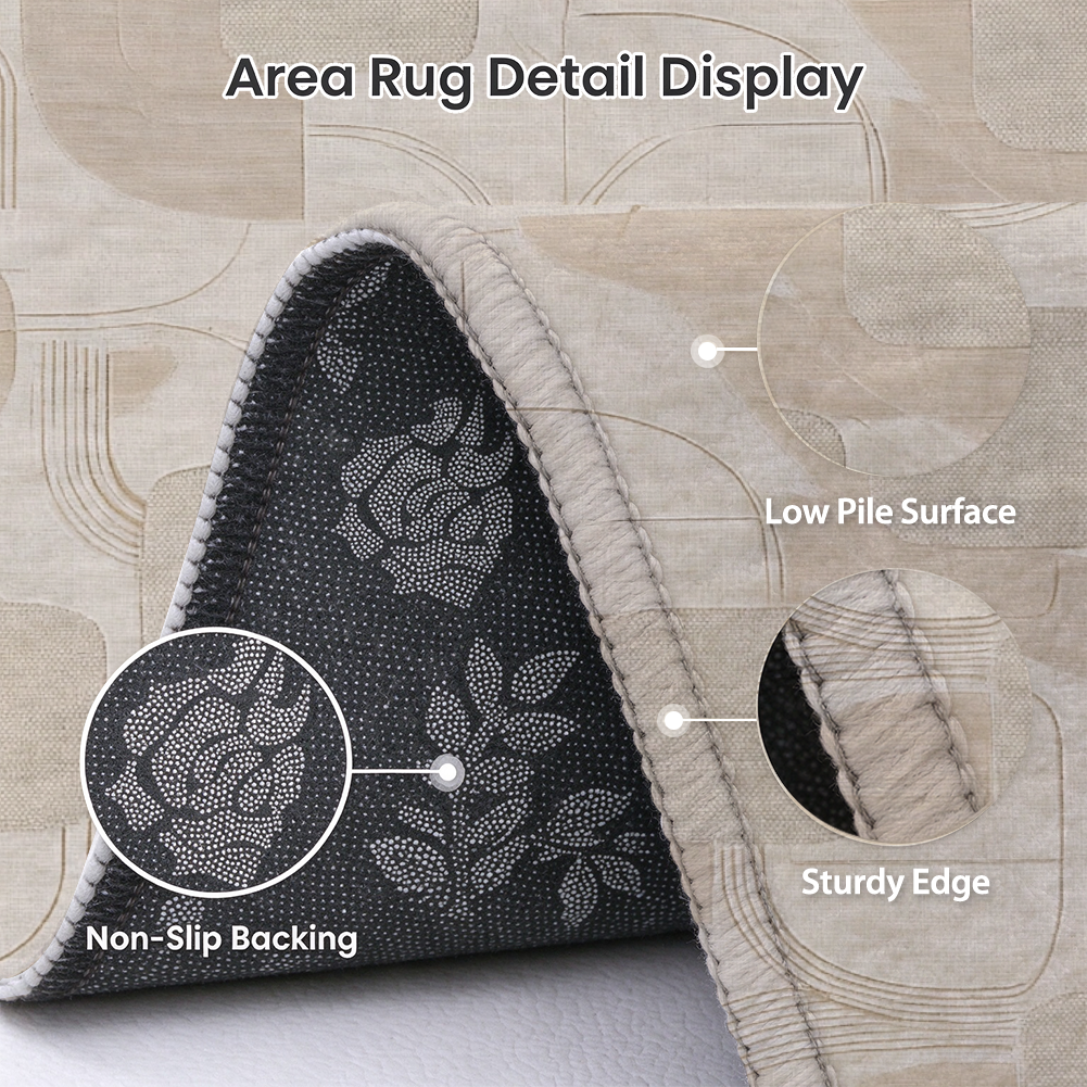Ivory Geometric Washable Area Rug, Cream Modern Minimalist Non Slip Rug for Bedroom