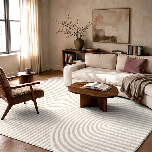 Beige Arches Washable Area Rug, Ivory Cream Rainbow Line Modern Non Slip Rug for Living Room