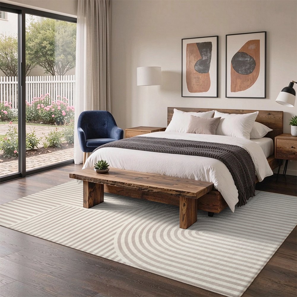 Beige Arches Washable Area Rug, Ivory Cream Rainbow Line Modern Non Slip Rug for Living Room