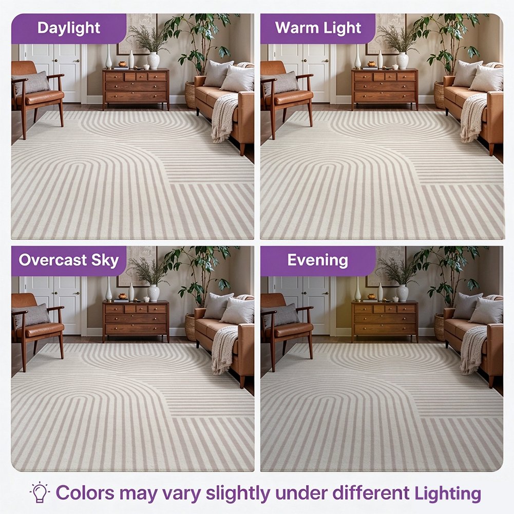 Beige Arches Washable Area Rug, Ivory Cream Rainbow Line Modern Non Slip Rug for Living Room