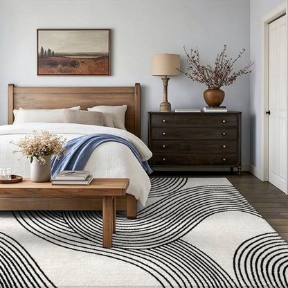 Black Line Waves Washable Area Rug, White Modern Abstract Non Slip Rug for Living Room
