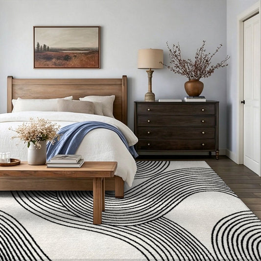 Black Line Waves Washable Area Rug, White Modern Abstract Non Slip Rug for Living Room