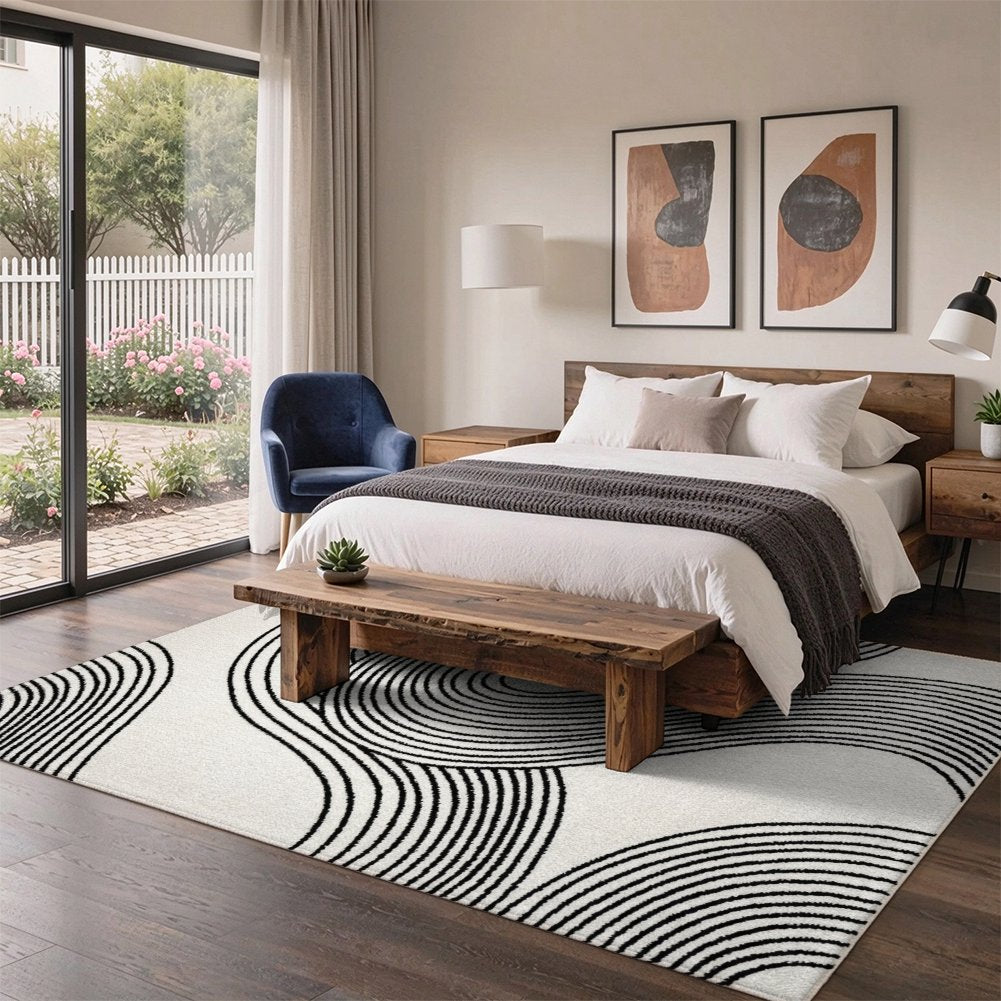 Black Line Waves Washable Area Rug, White Modern Abstract Non Slip Rug for Living Room