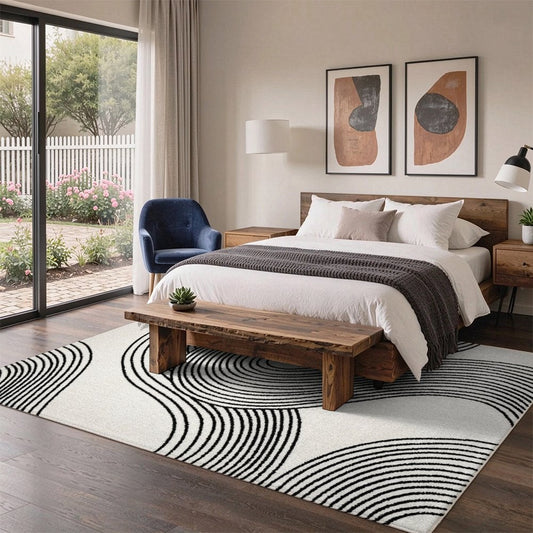 Black Line Waves Washable Area Rug, White Modern Abstract Non Slip Rug for Living Room