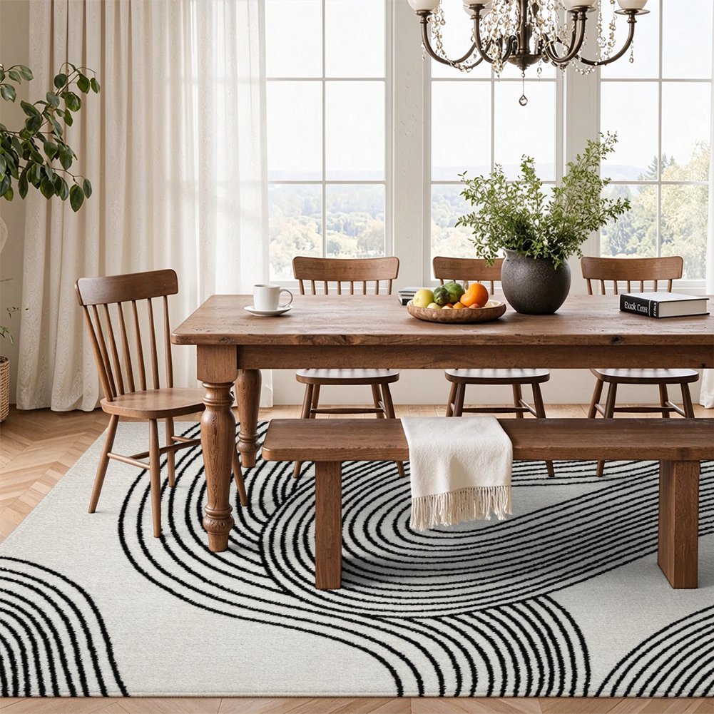 Black Line Waves Washable Area Rug, White Modern Abstract Non Slip Rug for Living Room