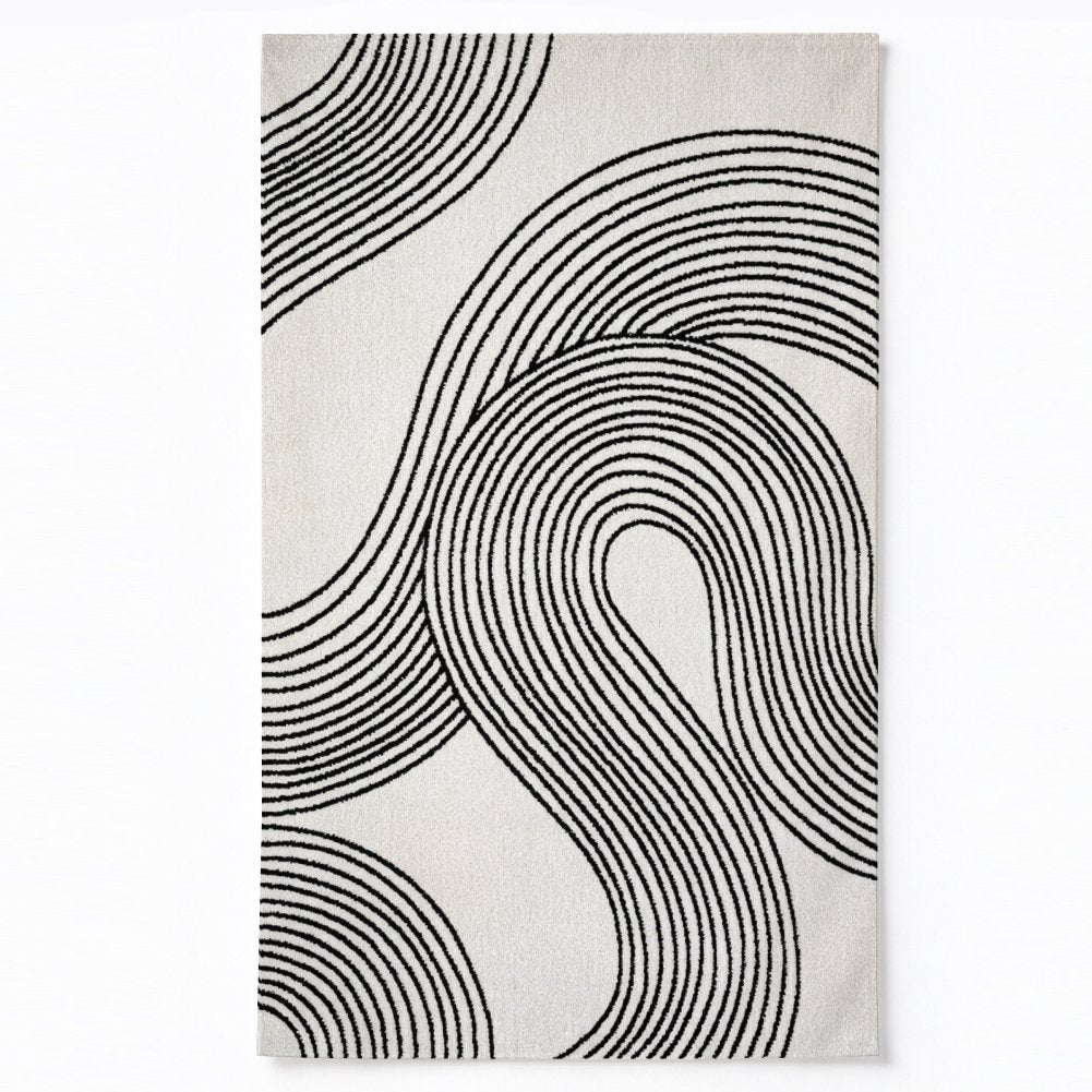 Black Line Waves Washable Area Rug, White Modern Abstract Non Slip Rug for Living Room