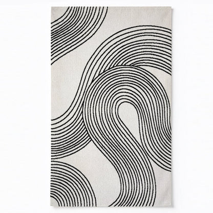 Black Line Waves Washable Area Rug, White Modern Abstract Non Slip Rug for Living Room