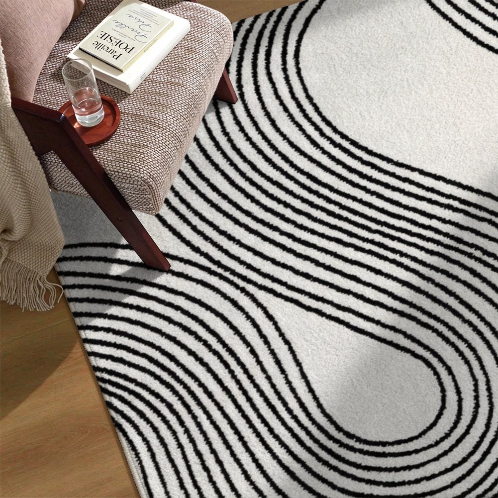 Black Line Waves Washable Area Rug, White Modern Abstract Non Slip Rug for Living Room
