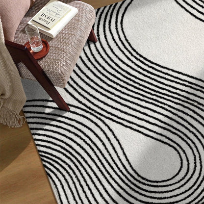 Black Line Waves Washable Area Rug, White Modern Abstract Non Slip Rug for Living Room