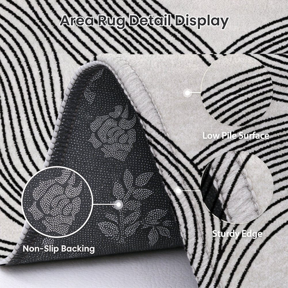 Black Line Waves Washable Area Rug, White Modern Abstract Non Slip Rug for Living Room
