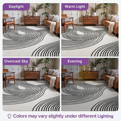 Black Line Waves Washable Area Rug, White Modern Abstract Non Slip Rug for Living Room
