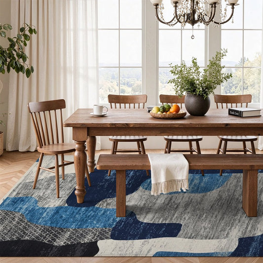 Blue Organic Abstract Washable Area Rug, Navy Blue Grey Modern Non Slip Rug for Living Room