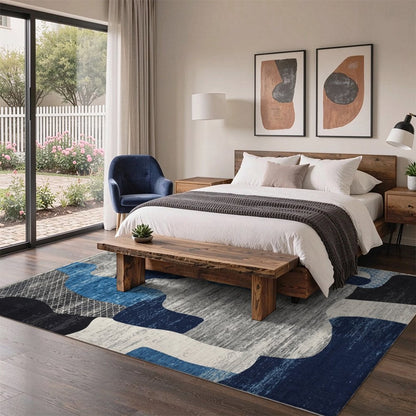 Blue Organic Abstract Washable Area Rug, Navy Blue Grey Modern Non Slip Rug for Living Room