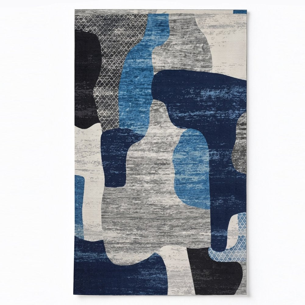 Blue Organic Abstract Washable Area Rug, Navy Blue Grey Modern Non Slip Rug for Living Room