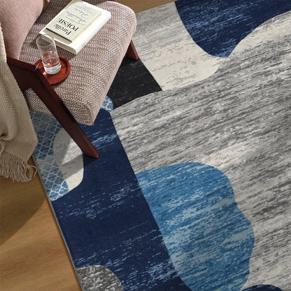 Blue Organic Abstract Washable Area Rug, Navy Blue Grey Modern Non Slip Rug for Living Room