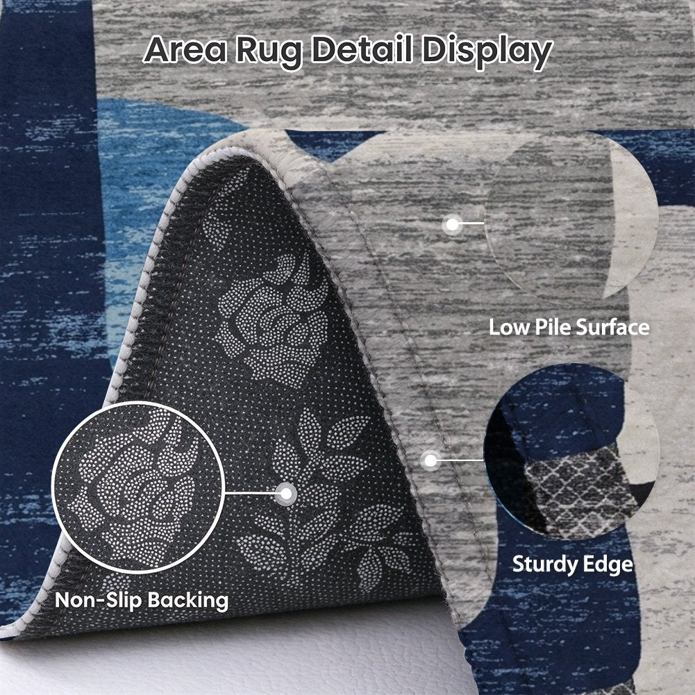 Blue Organic Abstract Washable Area Rug, Navy Blue Grey Modern Non Slip Rug for Living Room