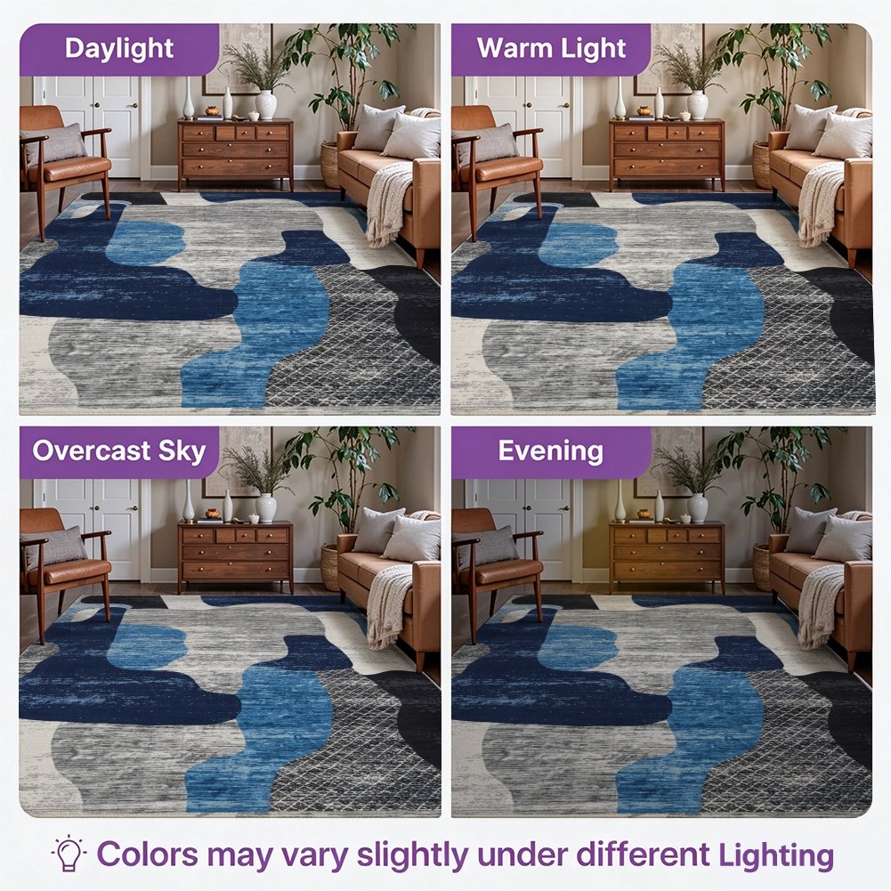 Blue Organic Abstract Washable Area Rug, Navy Blue Grey Modern Non Slip Rug for Living Room
