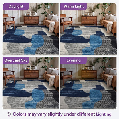 Blue Organic Abstract Washable Area Rug, Navy Blue Grey Modern Non Slip Rug for Living Room