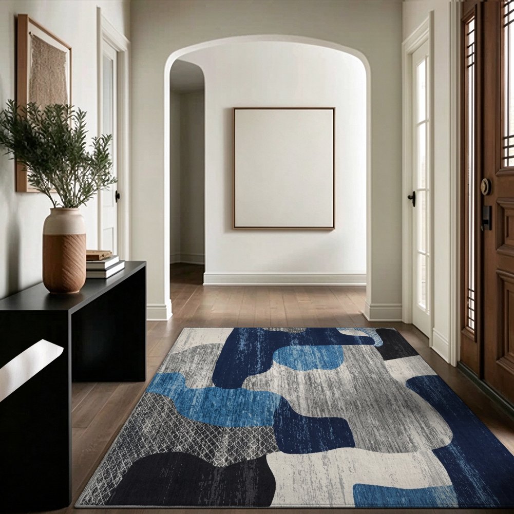 Blue Organic Abstract Washable Area Rug, Navy Blue Grey Modern Non Slip Rug for Living Room