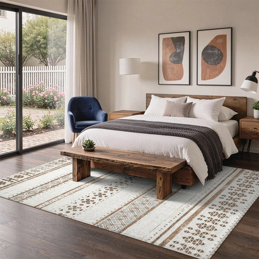 Brown Tribal Stripes Washable Area Rug, Tan Beige Southwestern Non Slip Rug for Living Room