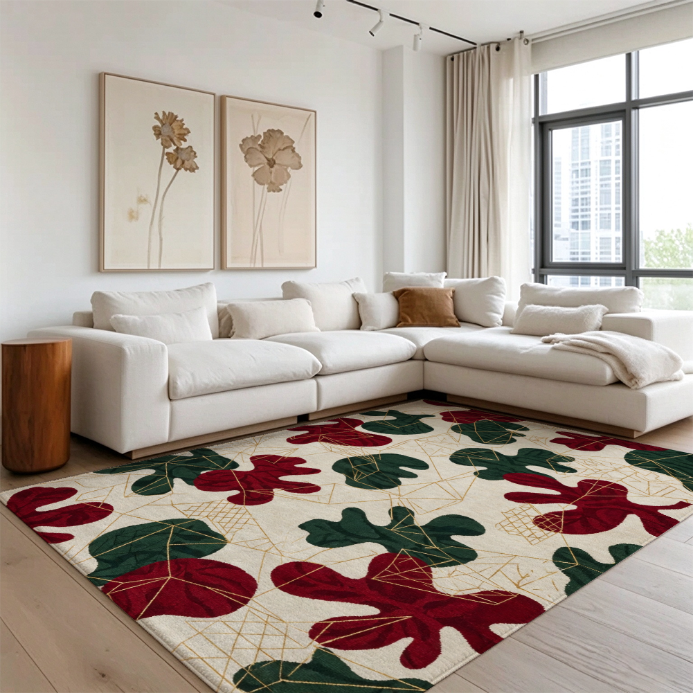 Vintage Christmas Botanical Washable Area Rug, Red Green Gold Non Slip Holiday Rug