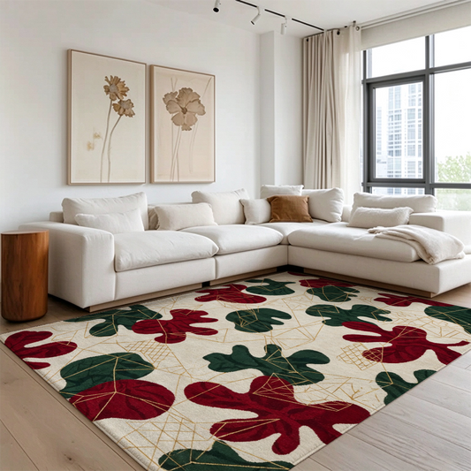 Vintage Christmas Botanical Washable Area Rug, Red Green Gold Non Slip Holiday Rug