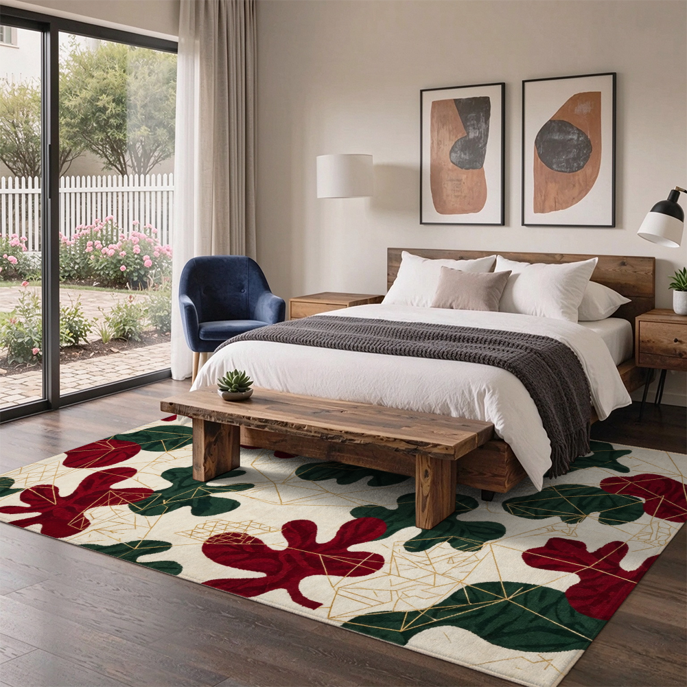 Vintage Christmas Botanical Washable Area Rug, Red Green Gold Non Slip Holiday Rug