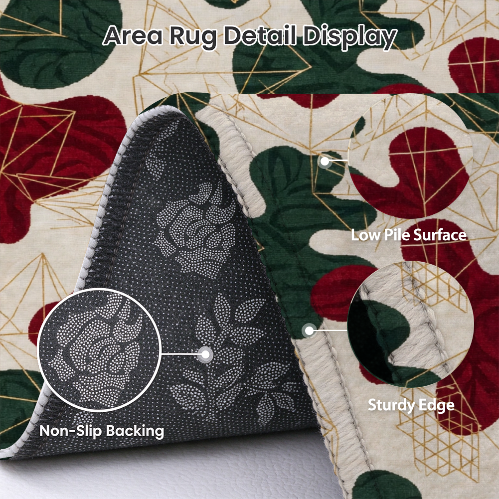 Vintage Christmas Botanical Washable Area Rug, Red Green Gold Non Slip Holiday Rug