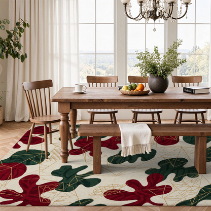 Vintage Christmas Botanical Washable Area Rug, Red Green Gold Non Slip Holiday Rug