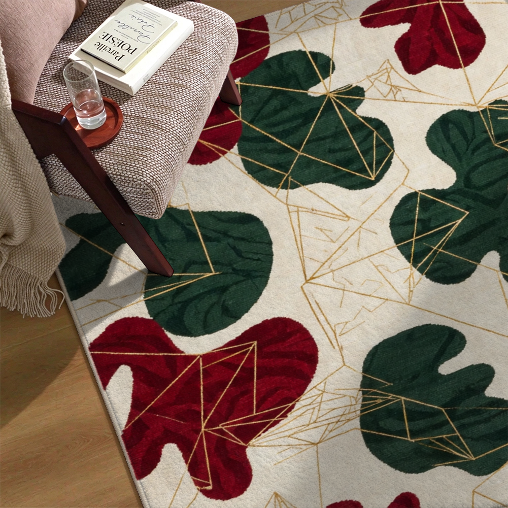Vintage Christmas Botanical Washable Area Rug, Red Green Gold Non Slip Holiday Rug