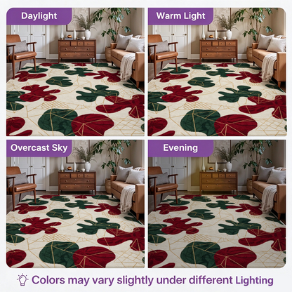 Vintage Christmas Botanical Washable Area Rug, Red Green Gold Non Slip Holiday Rug