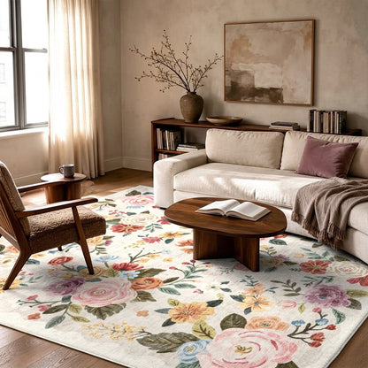 Colorful Floral Washable Area Rug, Multicolor Botanical Garden Non Slip Rug for Living Room