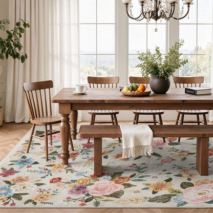 Colorful Floral Washable Area Rug, Multicolor Botanical Garden Non Slip Rug for Living Room