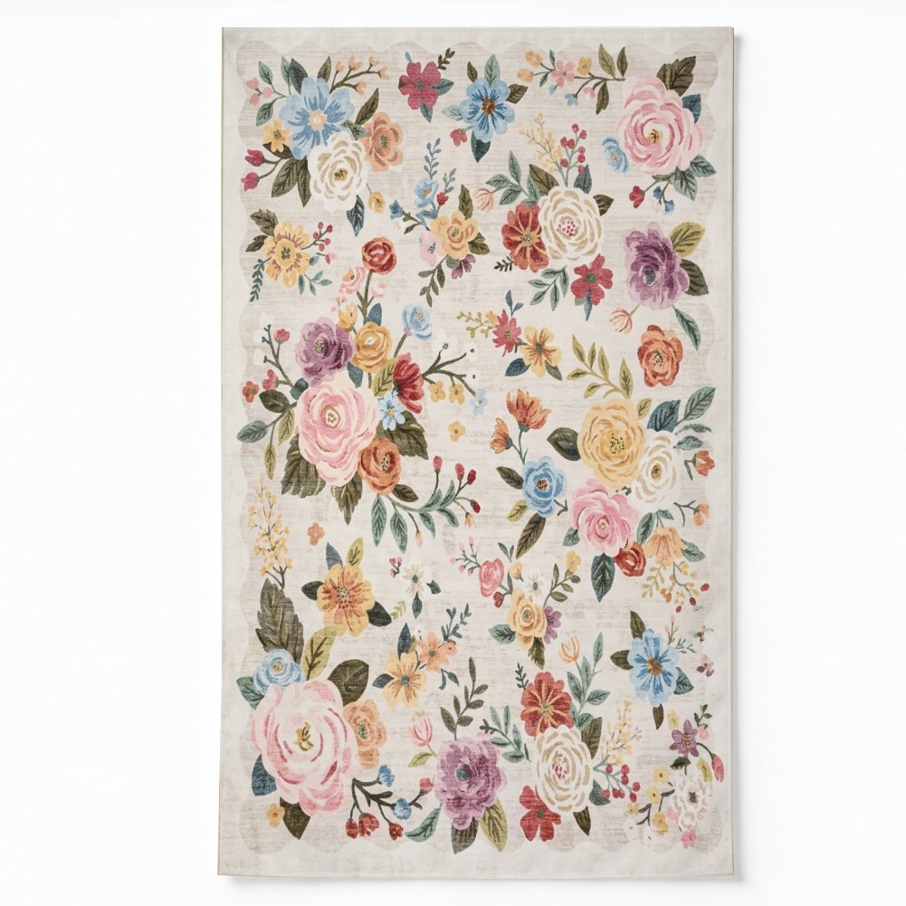 Colorful Floral Washable Area Rug, Multicolor Botanical Garden Non Slip Rug for Living Room