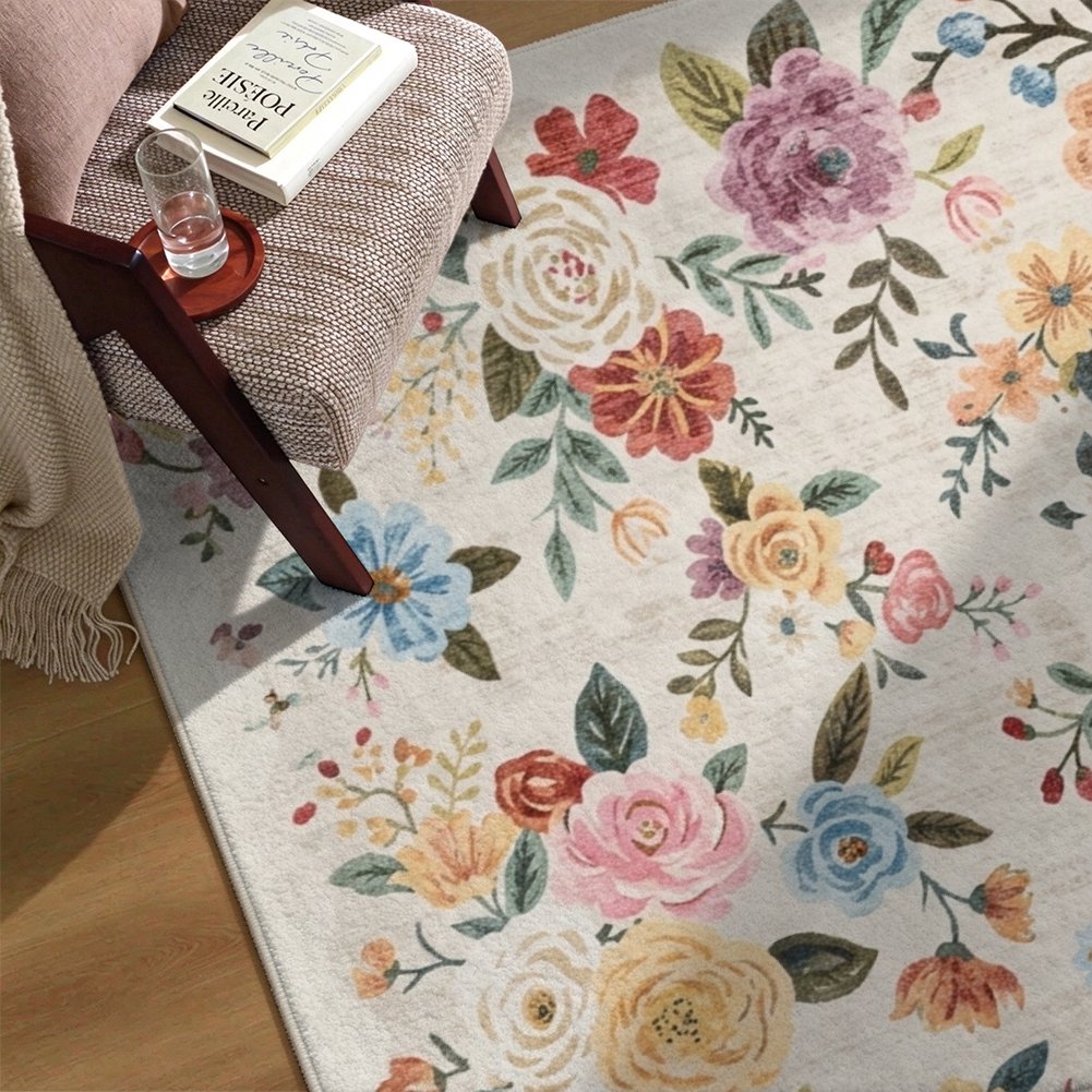 Colorful Floral Washable Area Rug, Multicolor Botanical Garden Non Slip Rug for Living Room