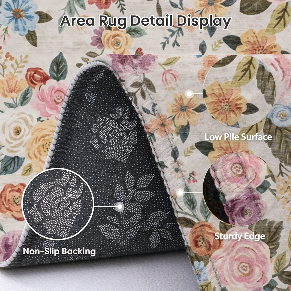 Colorful Floral Washable Area Rug, Multicolor Botanical Garden Non Slip Rug for Living Room