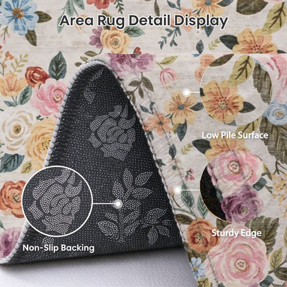 Colorful Floral Washable Area Rug, Multicolor Botanical Garden Non Slip Rug for Living Room