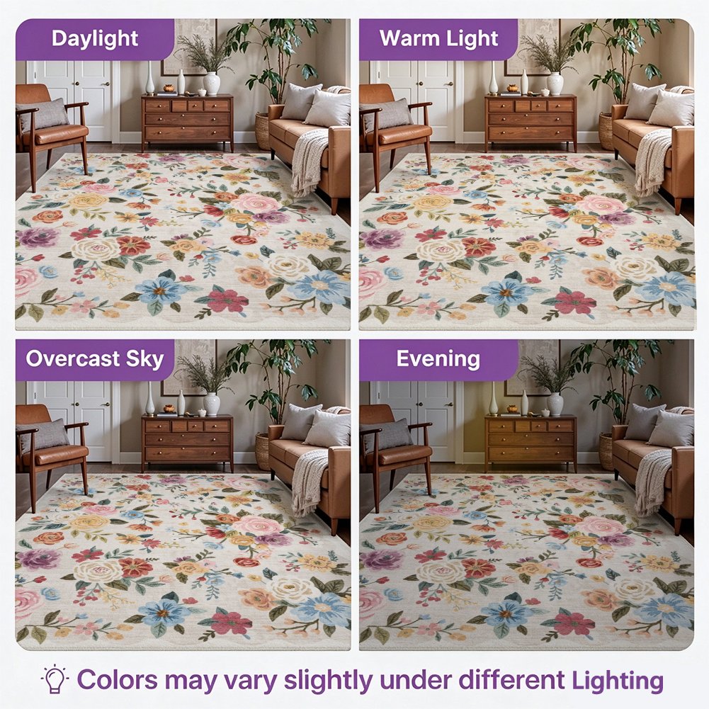 Colorful Floral Washable Area Rug, Multicolor Botanical Garden Non Slip Rug for Living Room