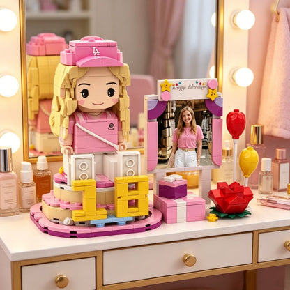 Custom Birthday Brick Figure Set - Personalized Photo Building Block Doll with Picture Frame Gift