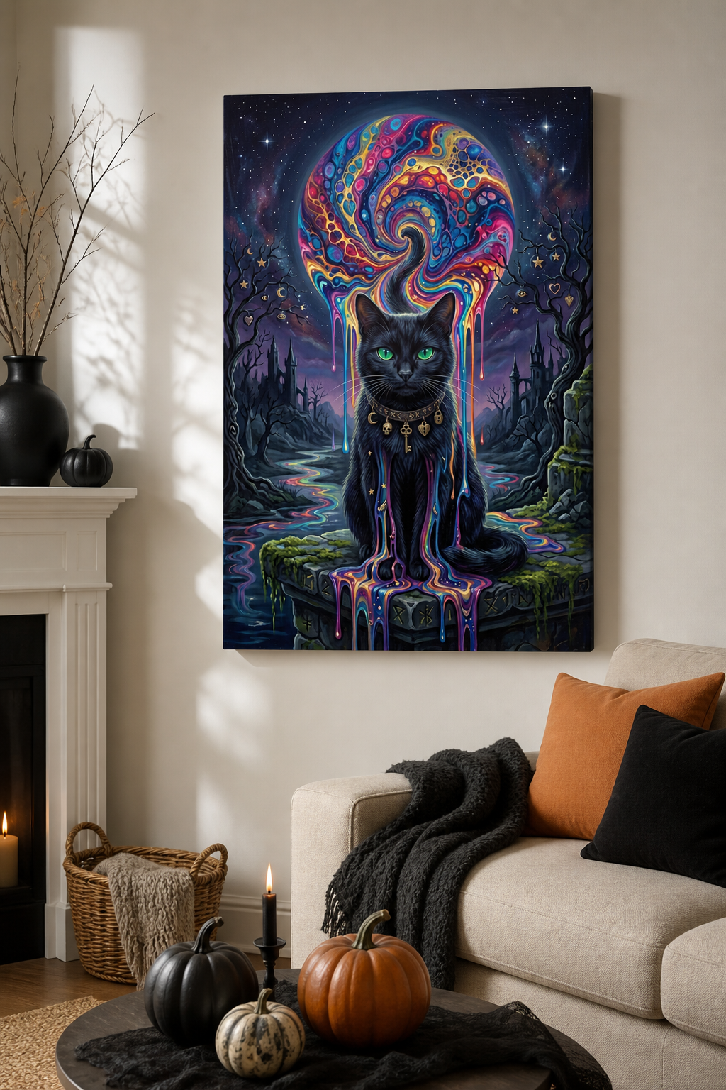 Cosmic Familiar Black Cat Halloween canvas wall art - Canvas Only lifestyle view