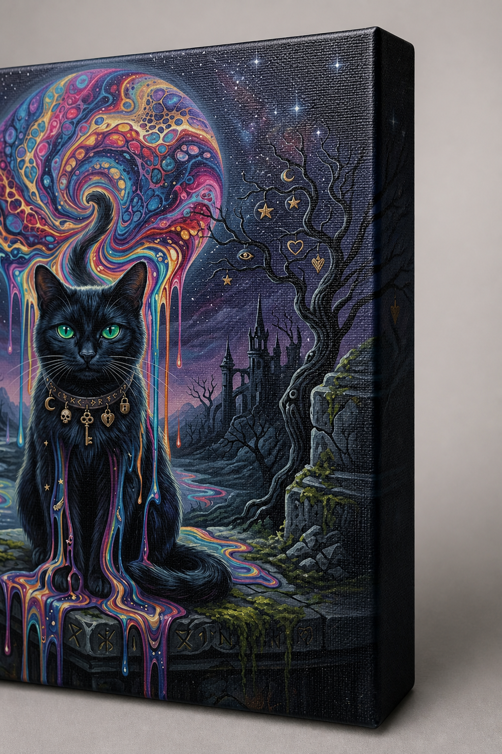 Cosmic Familiar Black Cat Halloween canvas wall art - gallery-wrapped edge and canvas texture detail