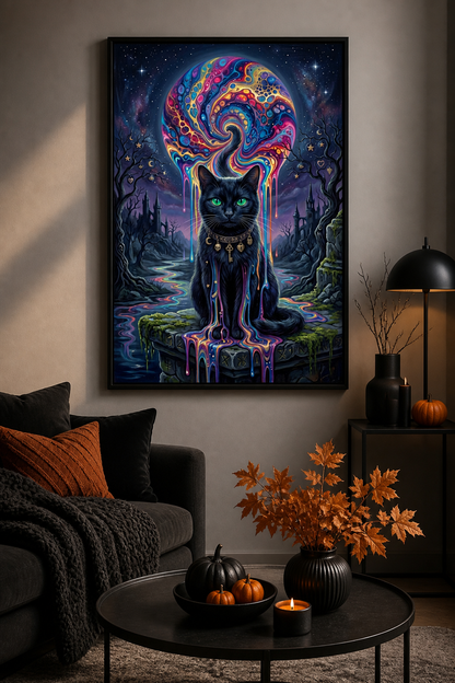 Cosmic Familiar Black Cat Halloween canvas wall art - Black Frame lifestyle view