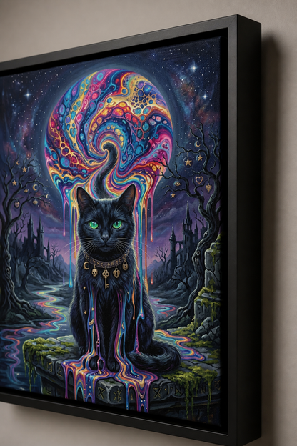 Cosmic Familiar Black Cat Halloween canvas wall art - Black Frame floating-gap detail