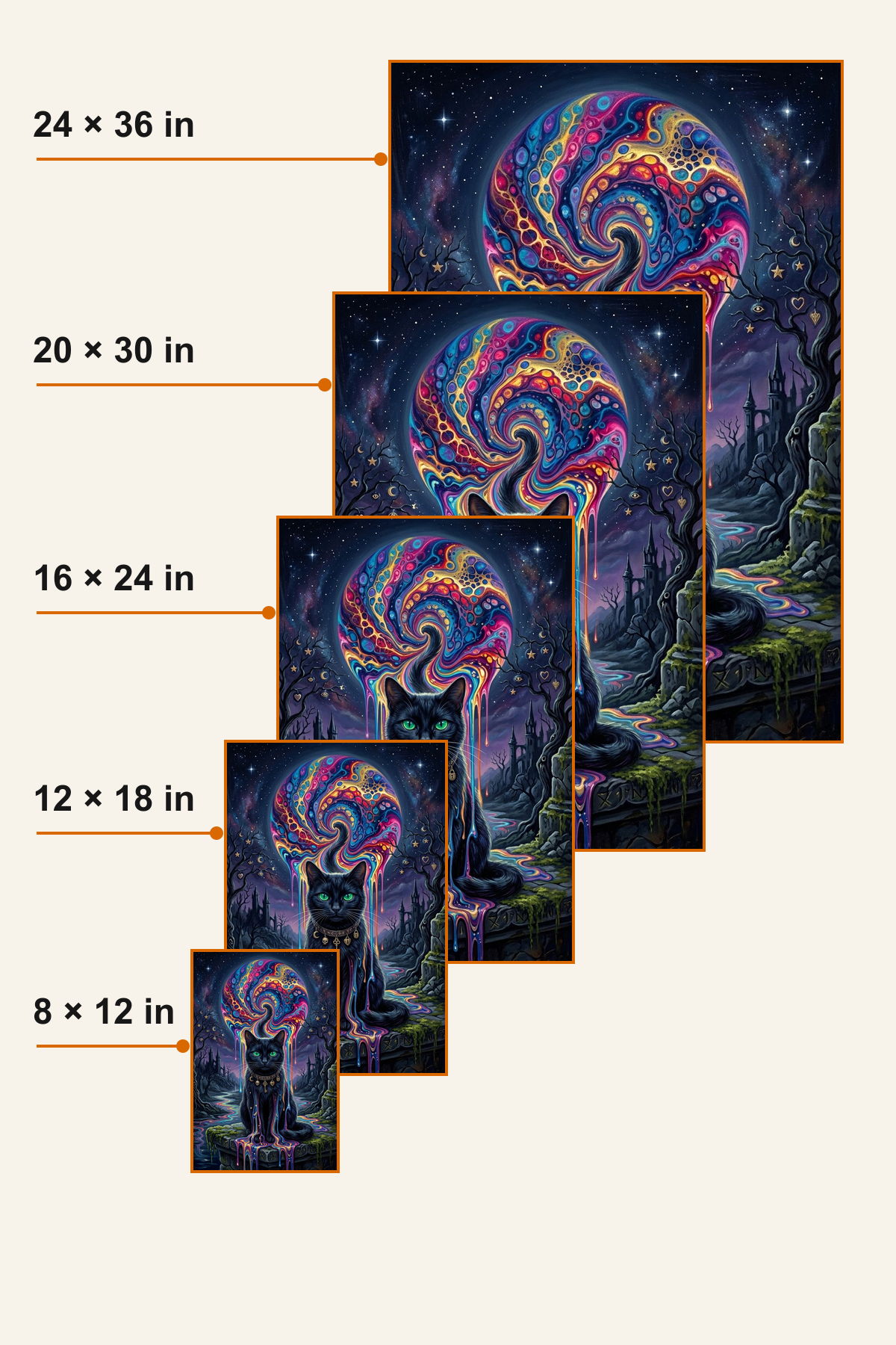 Cosmic Familiar Black Cat Halloween canvas wall art - five-size comparison guide