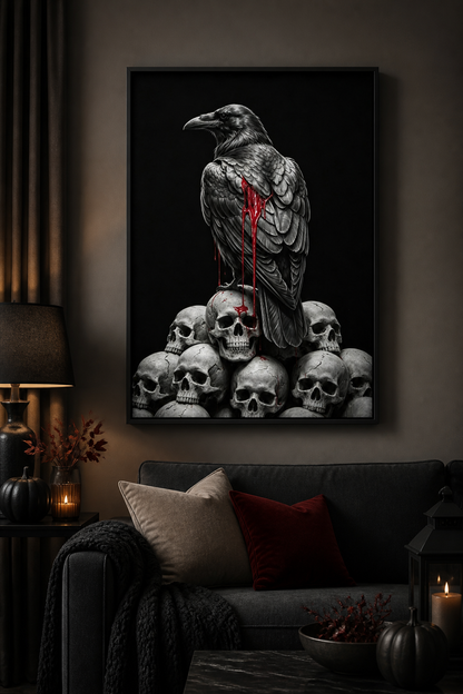 Crimson Omen Raven Halloween canvas wall art - Black Frame lifestyle view