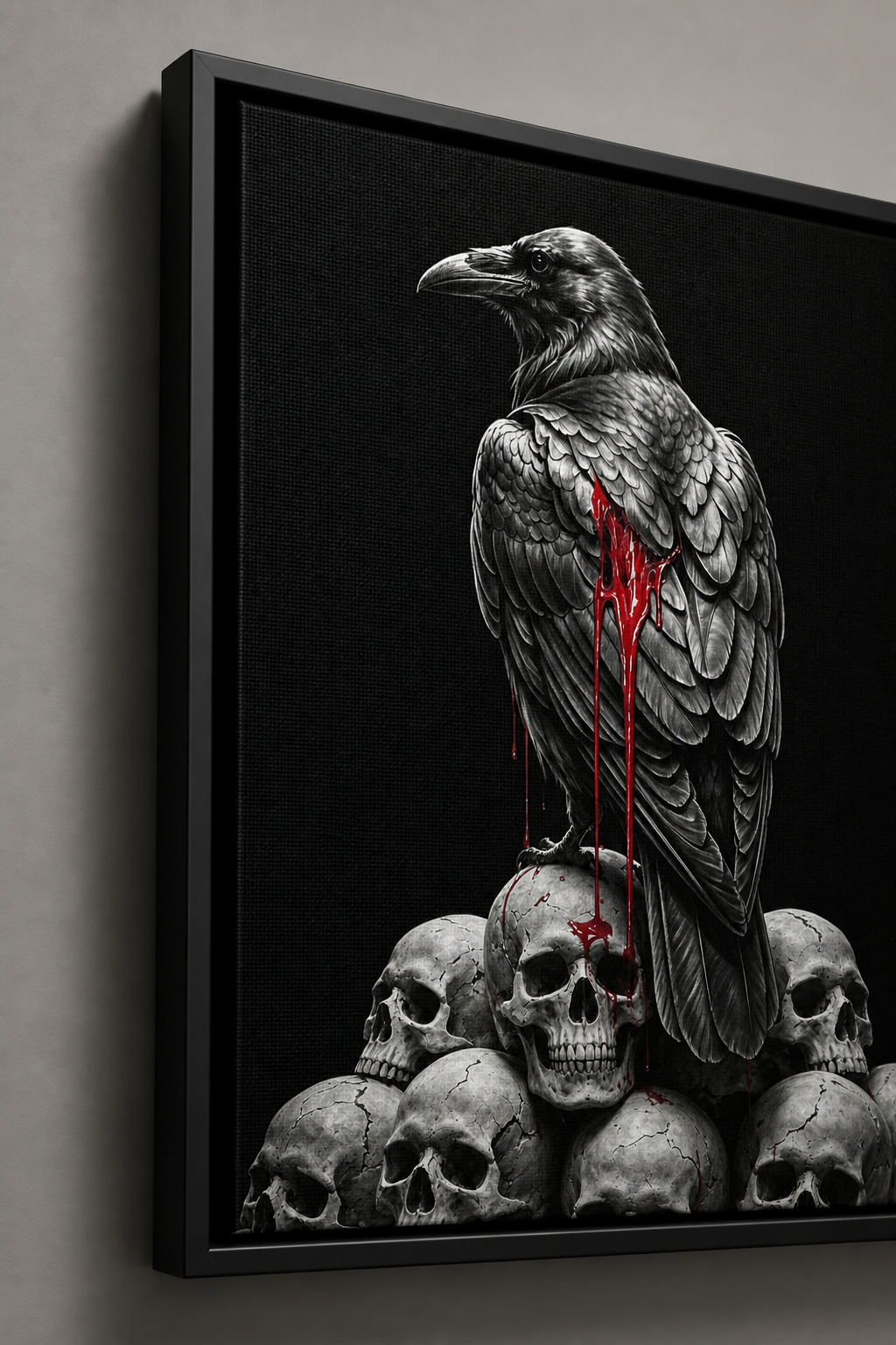 Crimson Omen Raven Halloween canvas wall art - Black Frame floating-gap detail