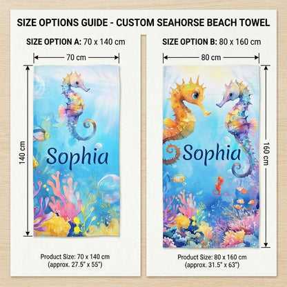 Personalized Seahorse Beach Towel, Custom Name Kids Summer Pool Towel, Ocean Animal Sand-Free Towel