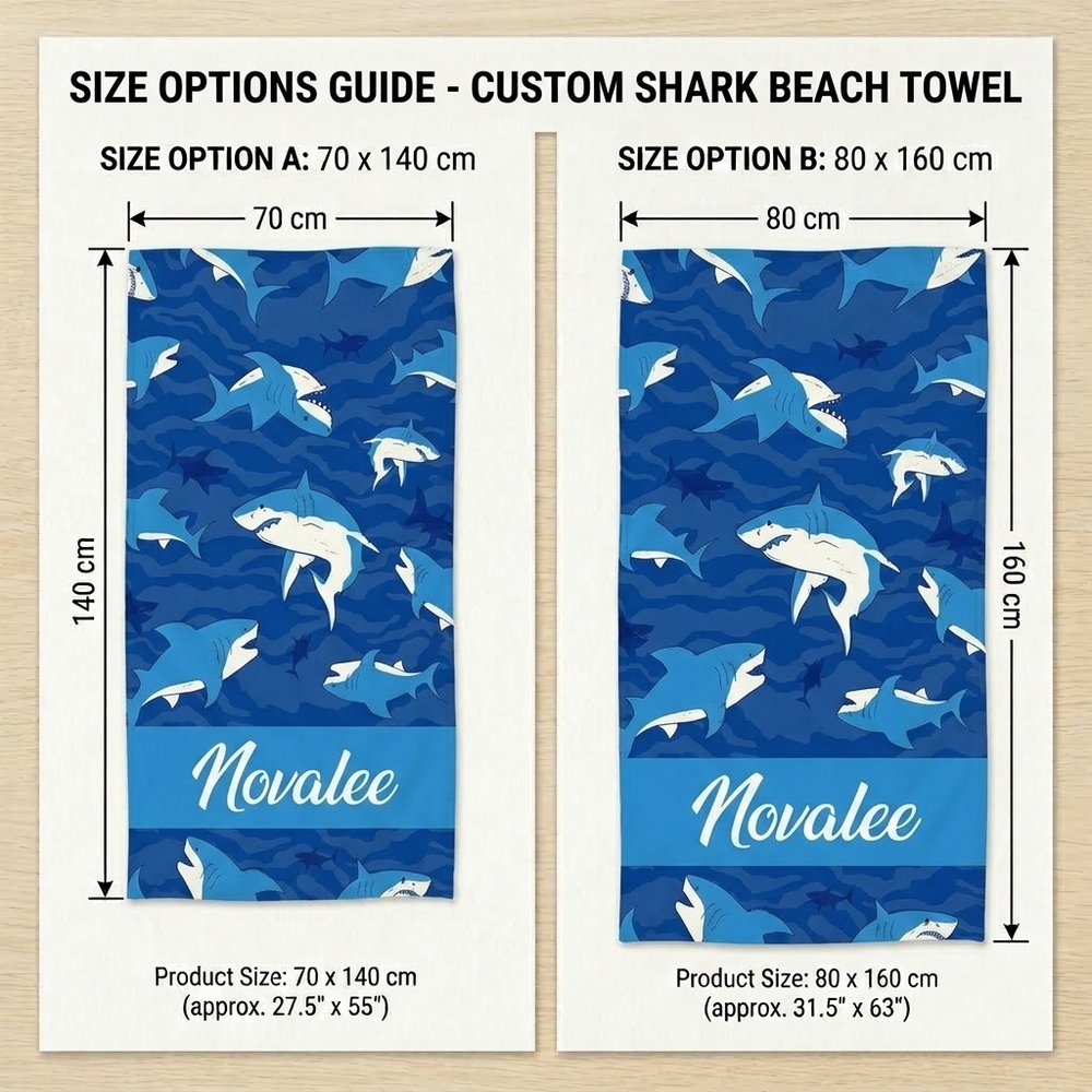 Personalized Shark Beach Towel with Name, Blue Ocean Custom Towel for Kids, Pool, Beach, and Travel