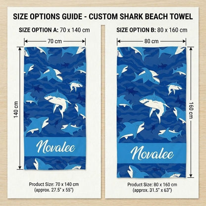 Personalized Shark Beach Towel with Name, Blue Ocean Custom Towel for Kids, Pool, Beach, and Travel