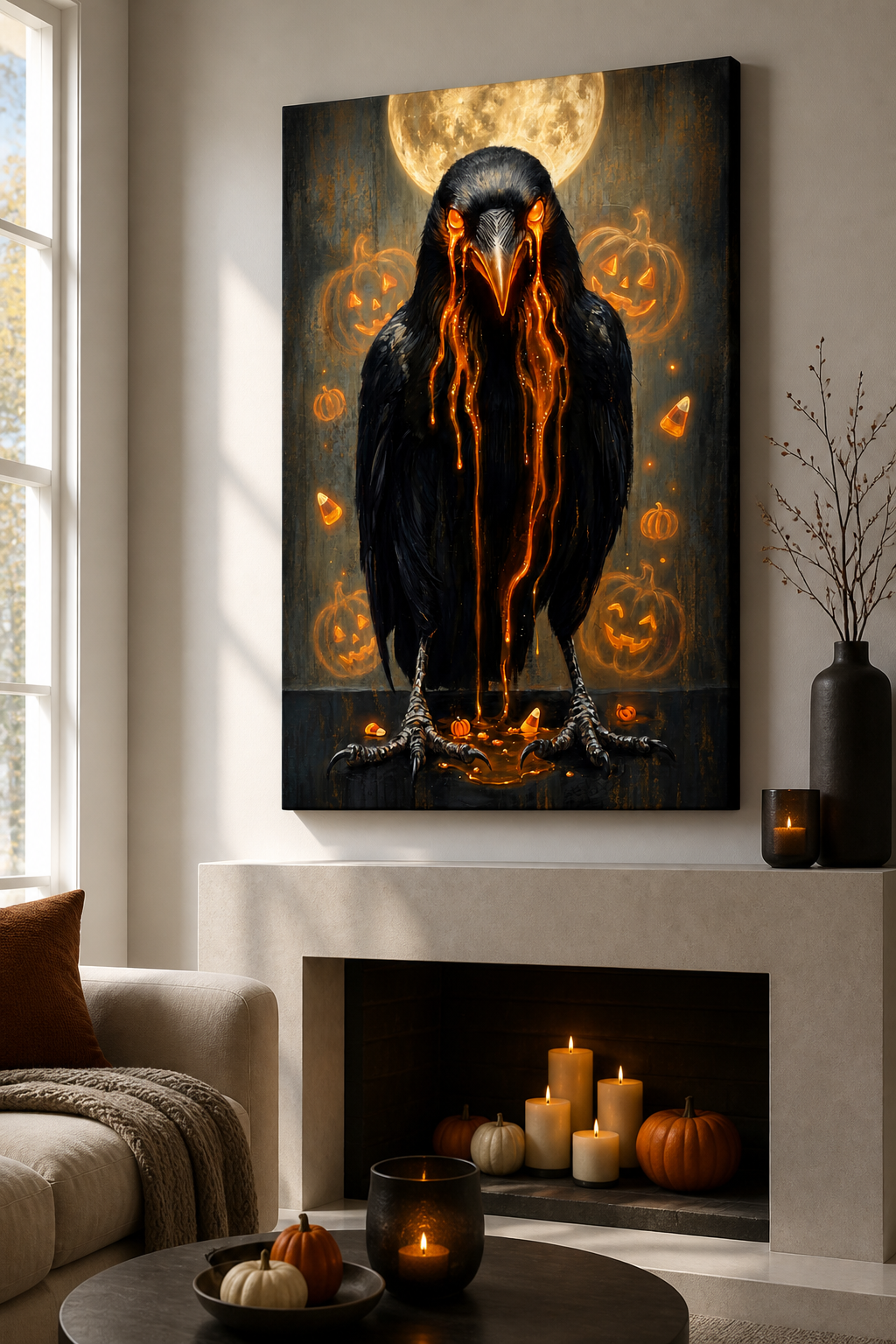 Ember-Eyed Harvest Raven Halloween canvas wall art - Canvas Only lifestyle view